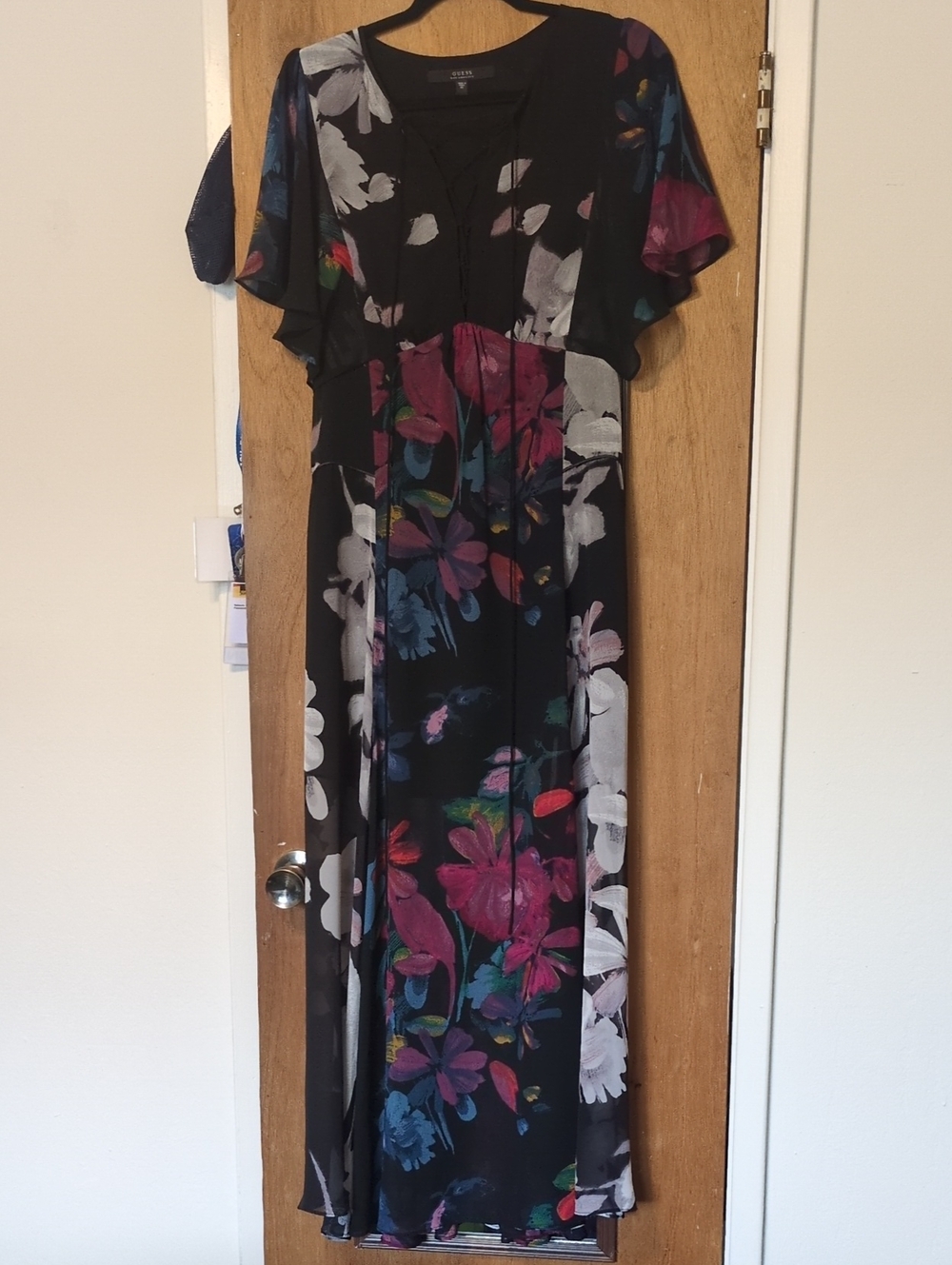 Guess Black Maxi Dress with Pink, Blue & White Floral Print